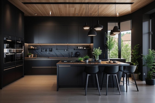 Photo black kitchen interior