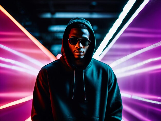 photo of black man in black hoodie in server data center room with neon light generative AI