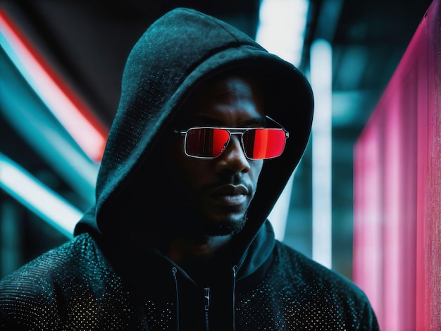 photo of black man in black hoodie in server data center room with neon light generative AI