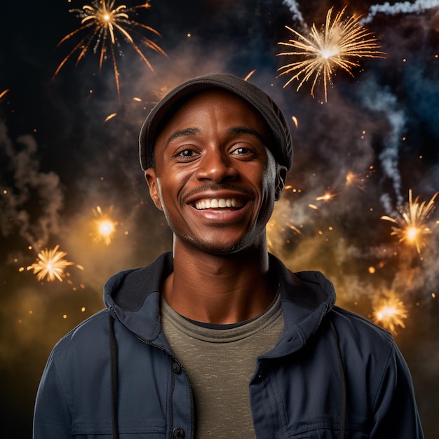 photo of an black man smiling in front of fireworks