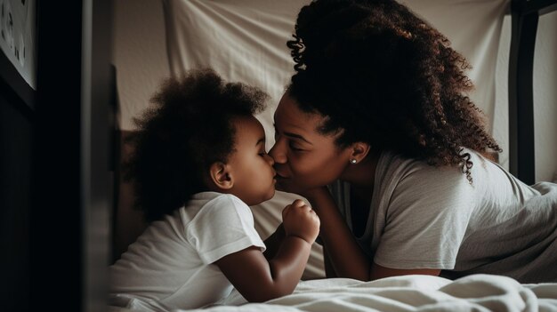 Photo photo of black mom playing in bed with her infant kissing