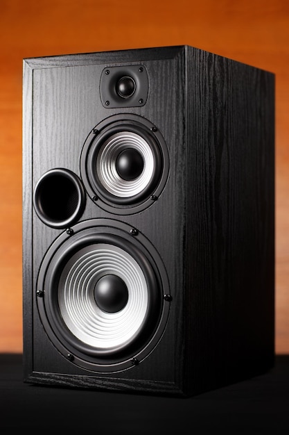 Photo of black music audio speaker Closeup