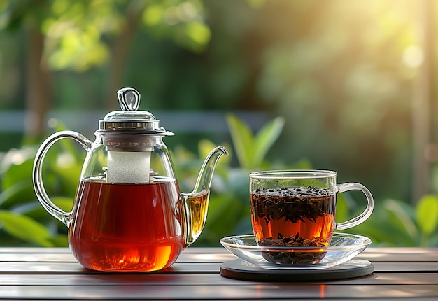 Photo of black warm tea cup with tea pot