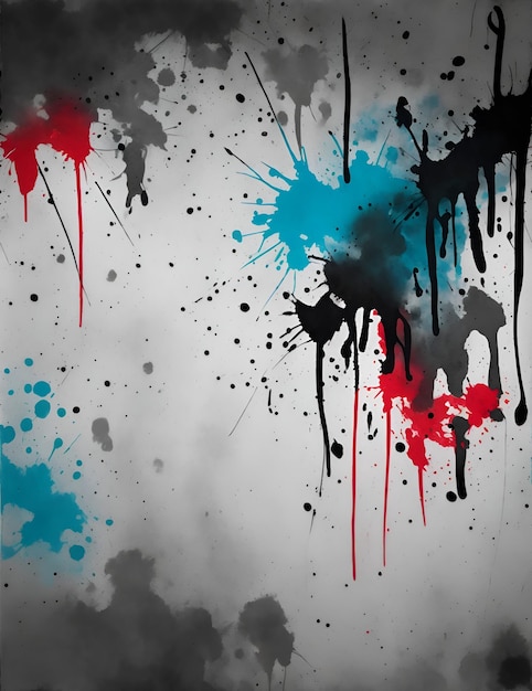 Photo of a black and white painting with red and blue paint splatters