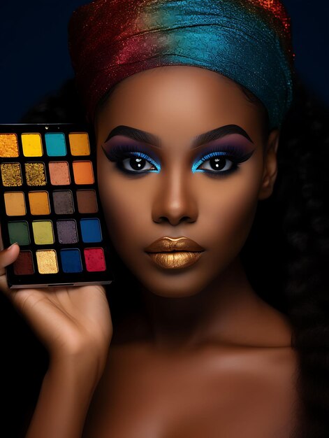 Photo of black woman model holding an eyeshadow palette colorful abst concept idea