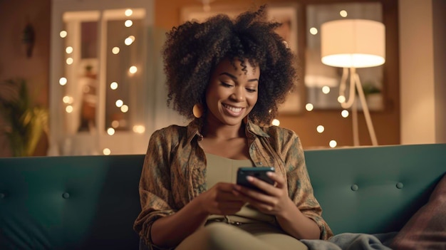 Photo of a black woman sitting on a couch at home and typing on her phone Generated by AI