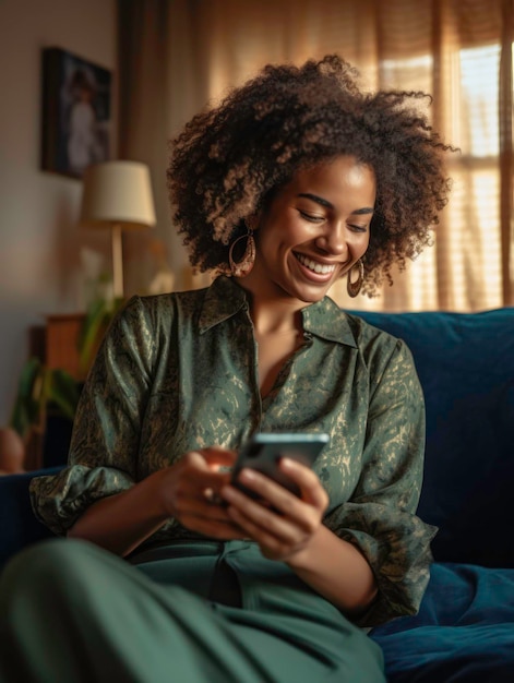 Photo of a black woman sitting on a couch at home and typing on her phone Generated by AI