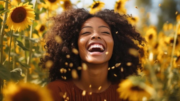 Photo photo of black woman in sunflower field