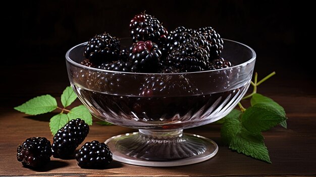 photo blackberry on a glass bowl with leaves on a table