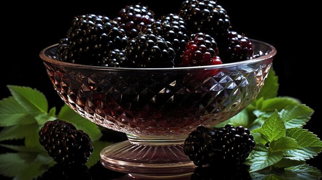 Фото черная ягода на стеклянной чаше с листьями на столе