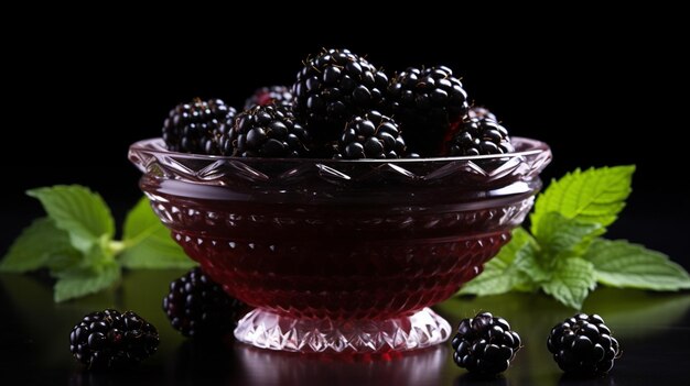 photo blackberry on a glass bowl with leaves on a table