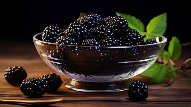 photo blackberry on a glass bowl with leaves on a table