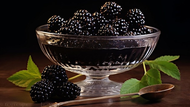 photo blackberry on a glass bowl with leaves on a table