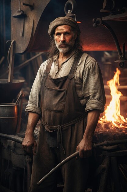 Photo of blacksmith male worker with iron shop in the background