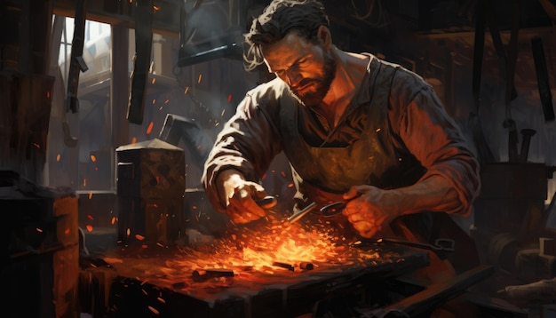 Photo of blacksmith male worker with iron shop in the background