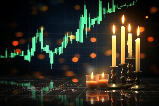 Photo blank dark bokeh background with digital financial chart indicators graphs and candlestick