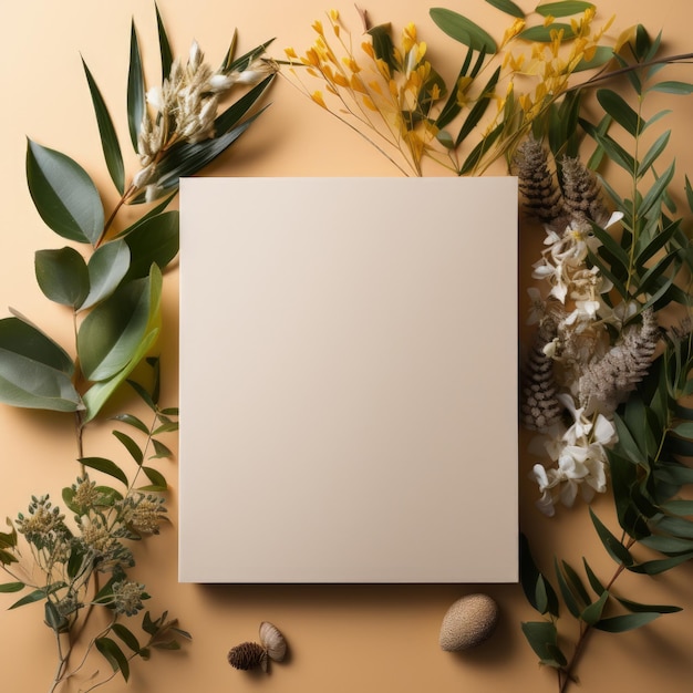 Photo of blank paper with leaves on pastel background