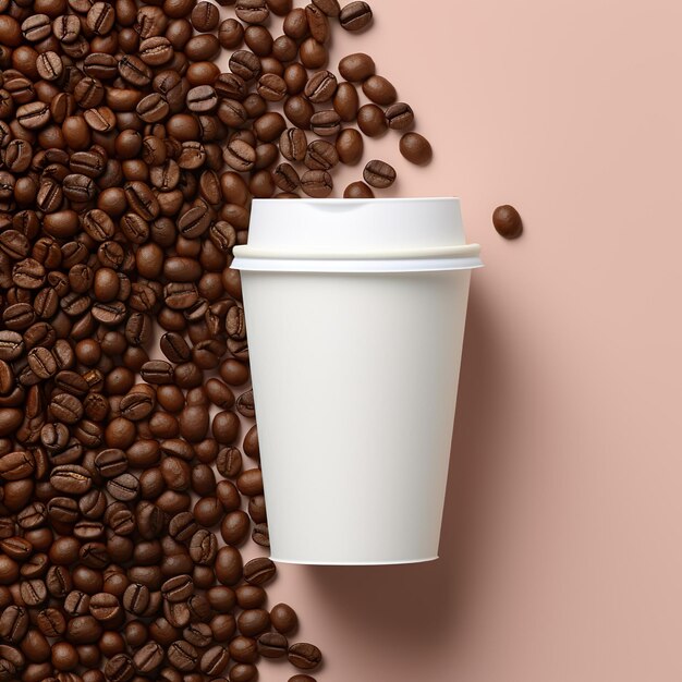 Photo a photo of blank takeaway paper coffee cup plain paper coffee cup with beans on pastel background