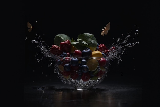 Photo blender with fruits flying isolated on black background Basket splash