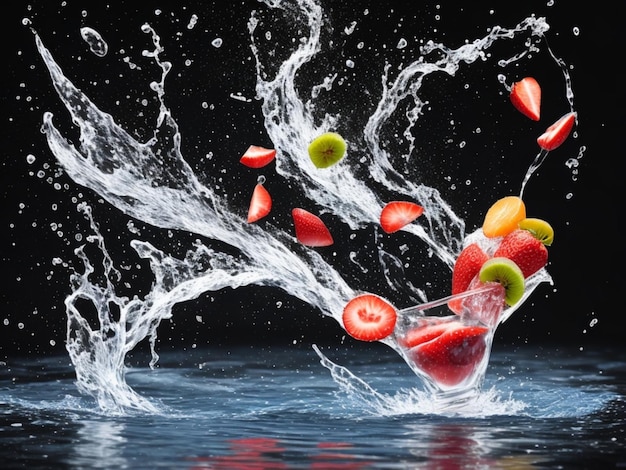 Photo blender with summer fruits flying isolated on black background water splash