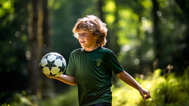 Photo blond boy in a blue tshirt kicks the ball with his knee in the park generate by ai