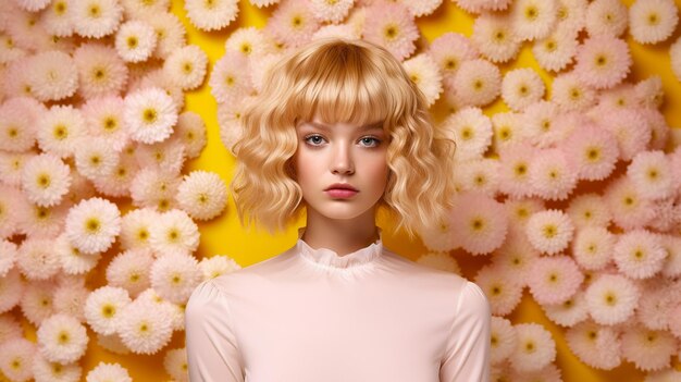 photo blond hair girl with white yellow flowers yellow background