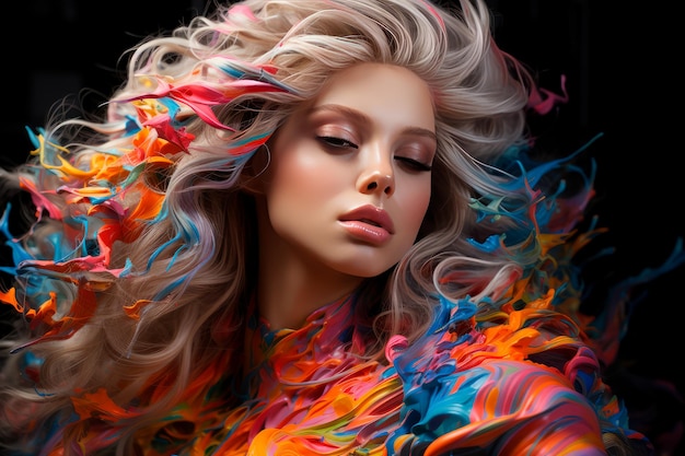 Photo of a blonde woman with her body transformed into a living canvas covered in vibrant splashes