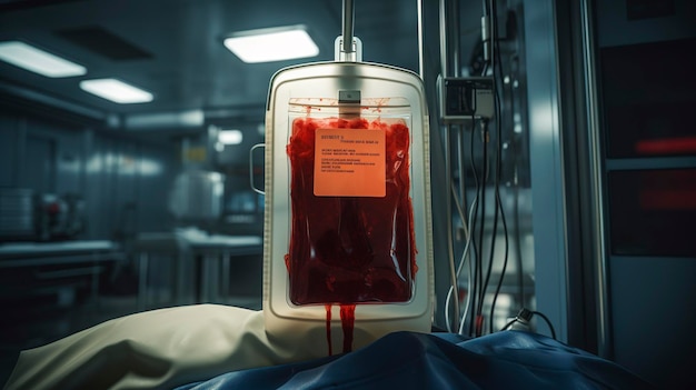 A photo of a blood bag in a hospital setting