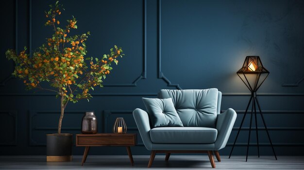 Photo blue armchair against blue wall in living room interior elegant interior design ai generative