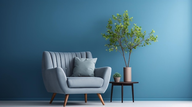 거실 내부의 파란색 벽에 대한 파란색 의자 우아한 인테리어 디자인