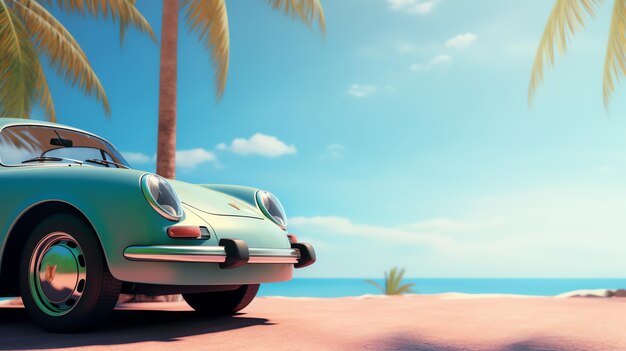 Photo blue classic car in beach under palm tree with copy space ai generated