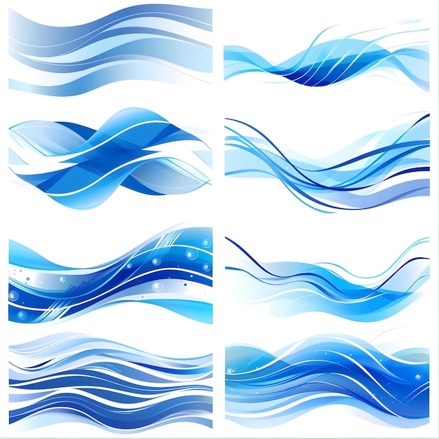 Photo of blue color variations gradient wave curve lines designs on white background