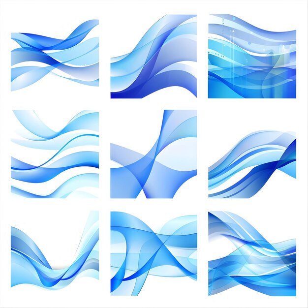 Photo of blue color variations gradient wave curve lines designs on white background
