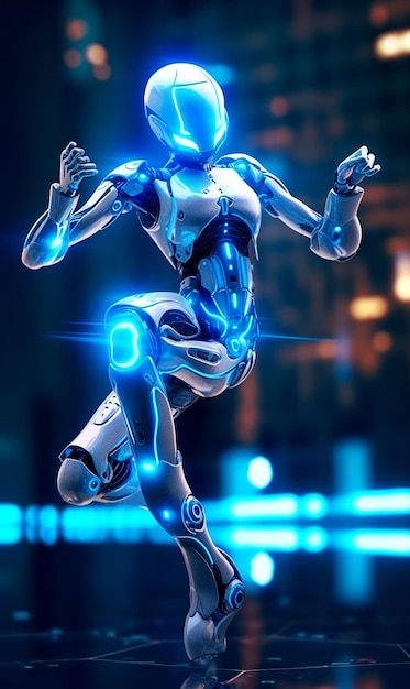Foto photo blue cyborg toy danst met futuristische vreugde generatieve ai