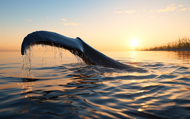 Photo of a blue dolphin tail over water in the sea