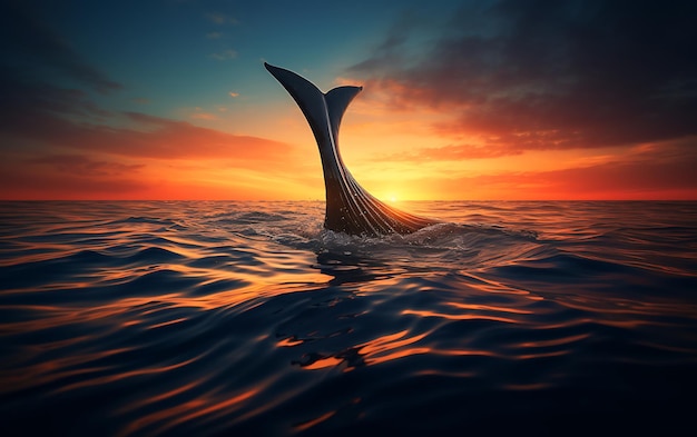海の水の上にある青いイルカの尾の写真