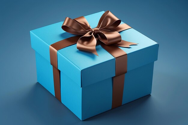 파란색 배경에 갈색 활을 가진 파란색 선물 상자