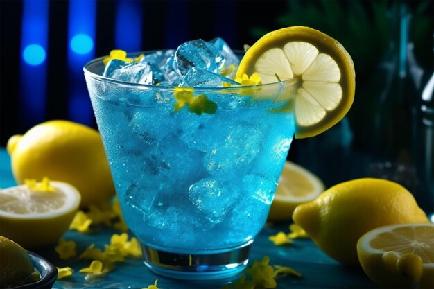 Photo blue mojito with mint and lemon ice cube