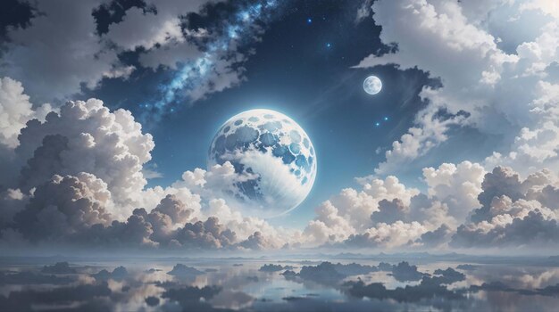 Photo blue moon on the surface of planet surrounded by clouds atmosphere landscape scenery