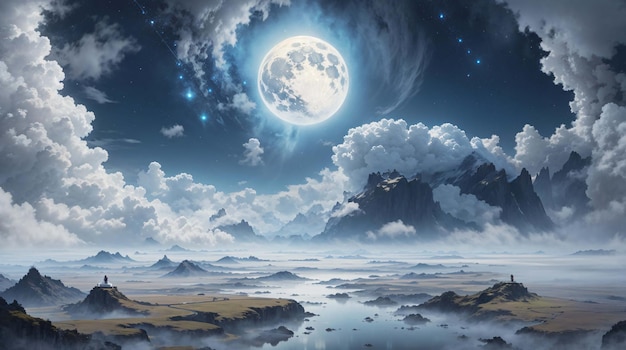 Photo blue moon on the surface of planet surrounded by clouds atmosphere landscape scenery