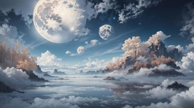 Photo blue moon on the surface of planet surrounded by clouds atmosphere landscape scenery