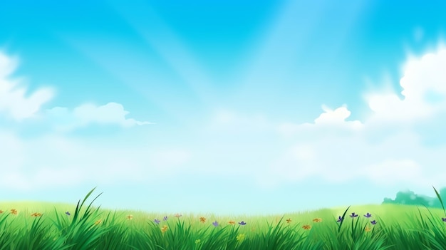 AIが生成した写真の青い空と草の背景