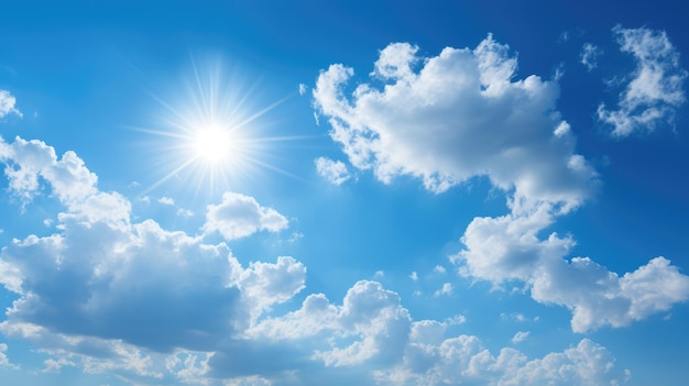 Фото голубого неба с белыми облаками и сияющим солнцем