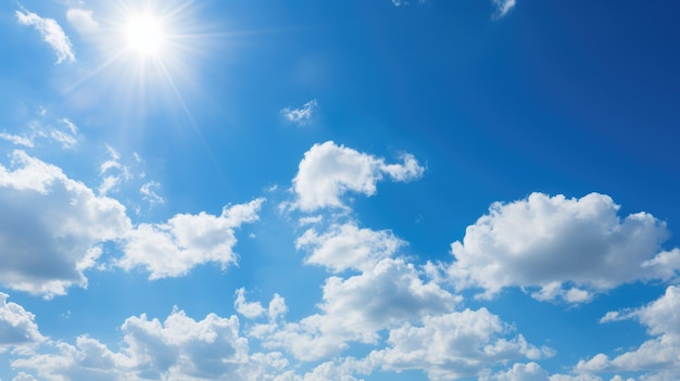 A photo of a blue sky with white clouds and a shining sun