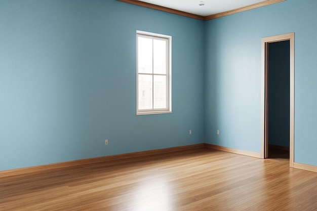 photo blue wall in an empty room with wooden floor