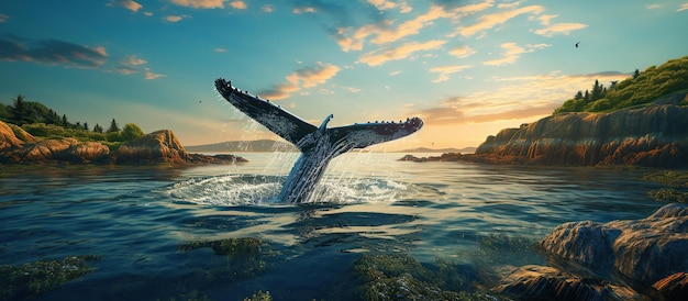 Photo of a blue whale tail over water in the sea at sunset Generative AI