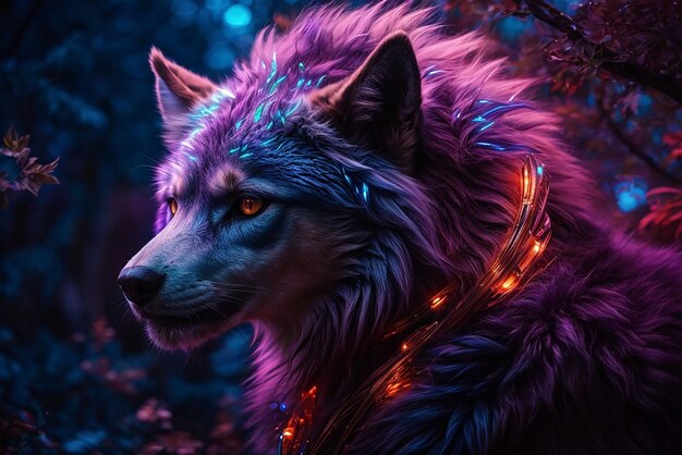 Photo a blue wolf with a blue eye and a purple background