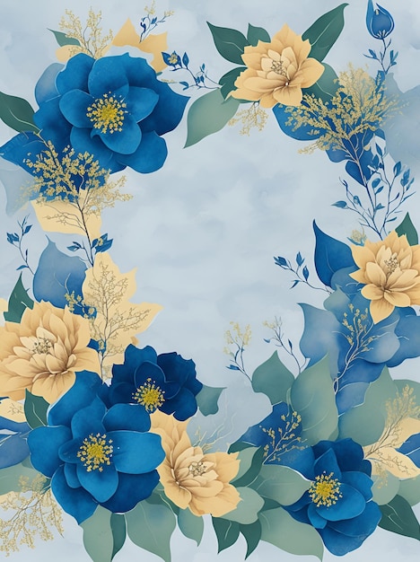 Photo of a blue and yellow floral wreath on a blue background ai generated