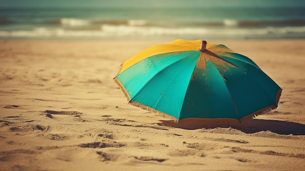Фото синий и желтый зонтик на пляже