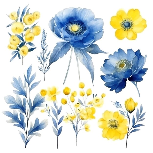 Photo blue and yellow watercolor floral on white background